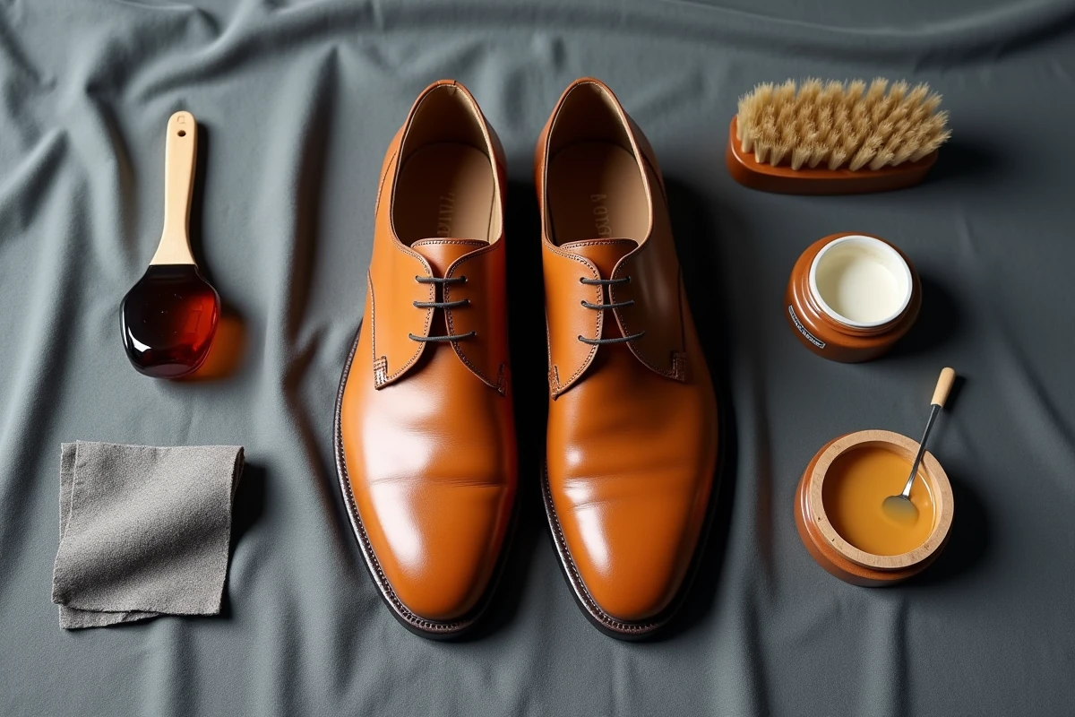 Vue de dessus des accessoires essentiels pour entretenir le cuir gras : brosse, graisse, chiffon et chaussures Derby posés sur du lin gris