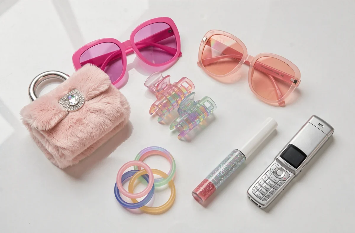 Flat-lay d'accessoires Y2K incontournables : lunettes roses, mini sac furry, clips iridescents et bracelets jelly sur fond blanc brillant