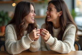 Deux adolescentes rient en montrant leurs bagues BFF au café