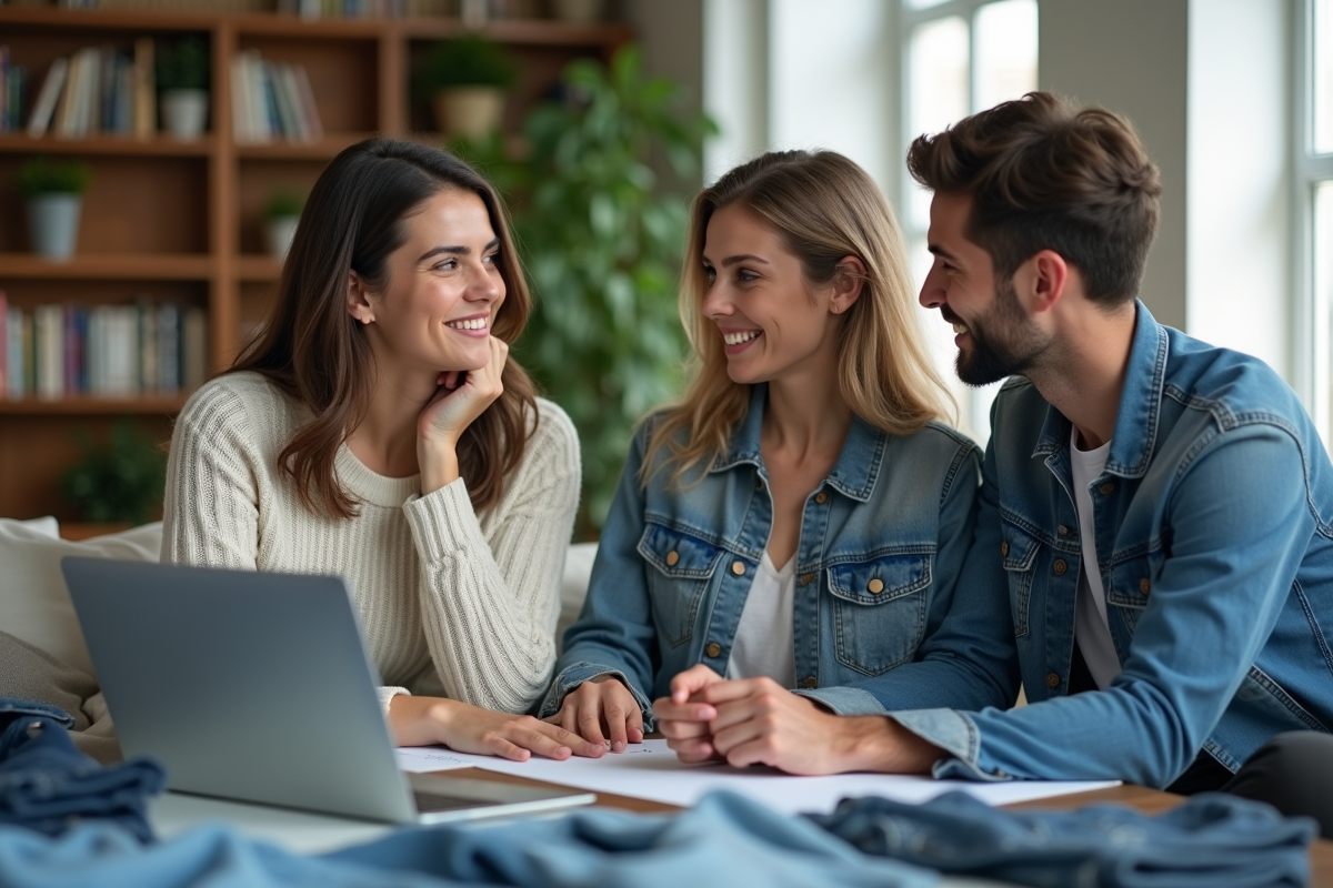 Groupe d amis discutant de vêtements et tailles dans un salon lumineux