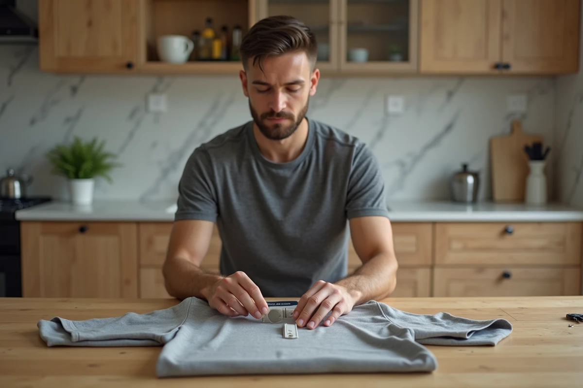 Homme utilisant un aimant néodyme pour retirer un antivol encre sur un vêtement posé sur une table en bois