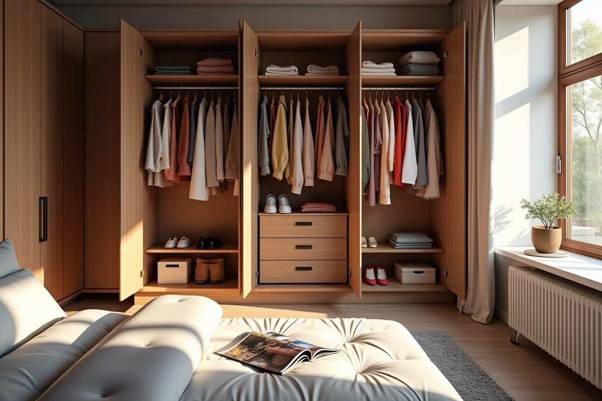 Armoire ouverte avec vetements et accessoires dans une chambre lumineuse