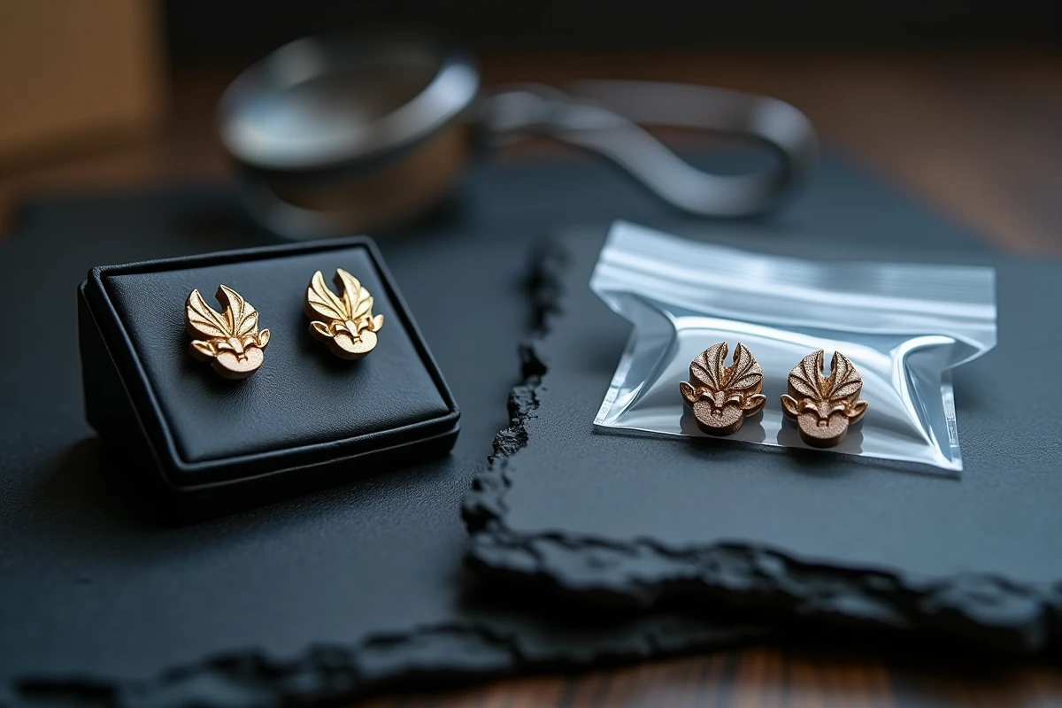 Deux paires de boucles d'oreilles Dragon Ball côte à côte sur une ardoise, l'une avec emballage officiel et l'autre sans, avec une loupe de bijoutier