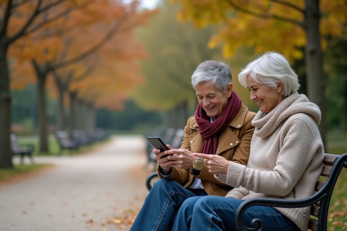 Deux femmes françaises consultant des avis sur une application de mode dans un parc urbain