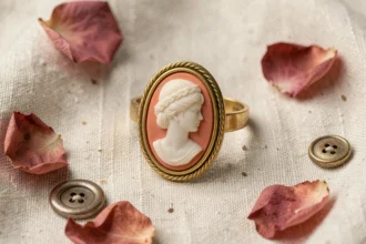 Bague en camée vintage en or avec profil féminin sculpté sur fond de lin crème et pétales de roses séchées