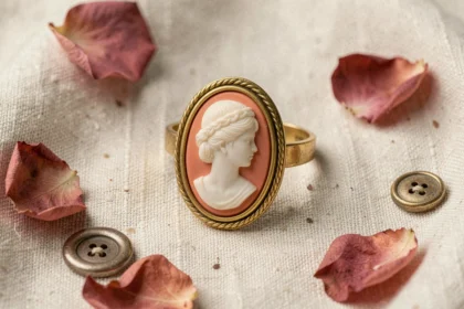 Bague en camée vintage en or avec profil féminin sculpté sur fond de lin crème et pétales de roses séchées