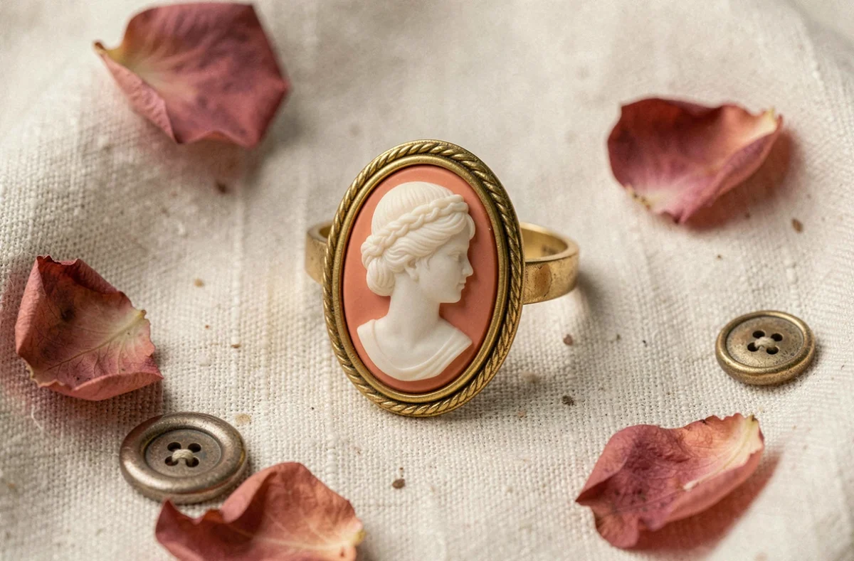 Bague en camée vintage en or avec profil féminin sculpté sur fond de lin crème et pétales de roses séchées