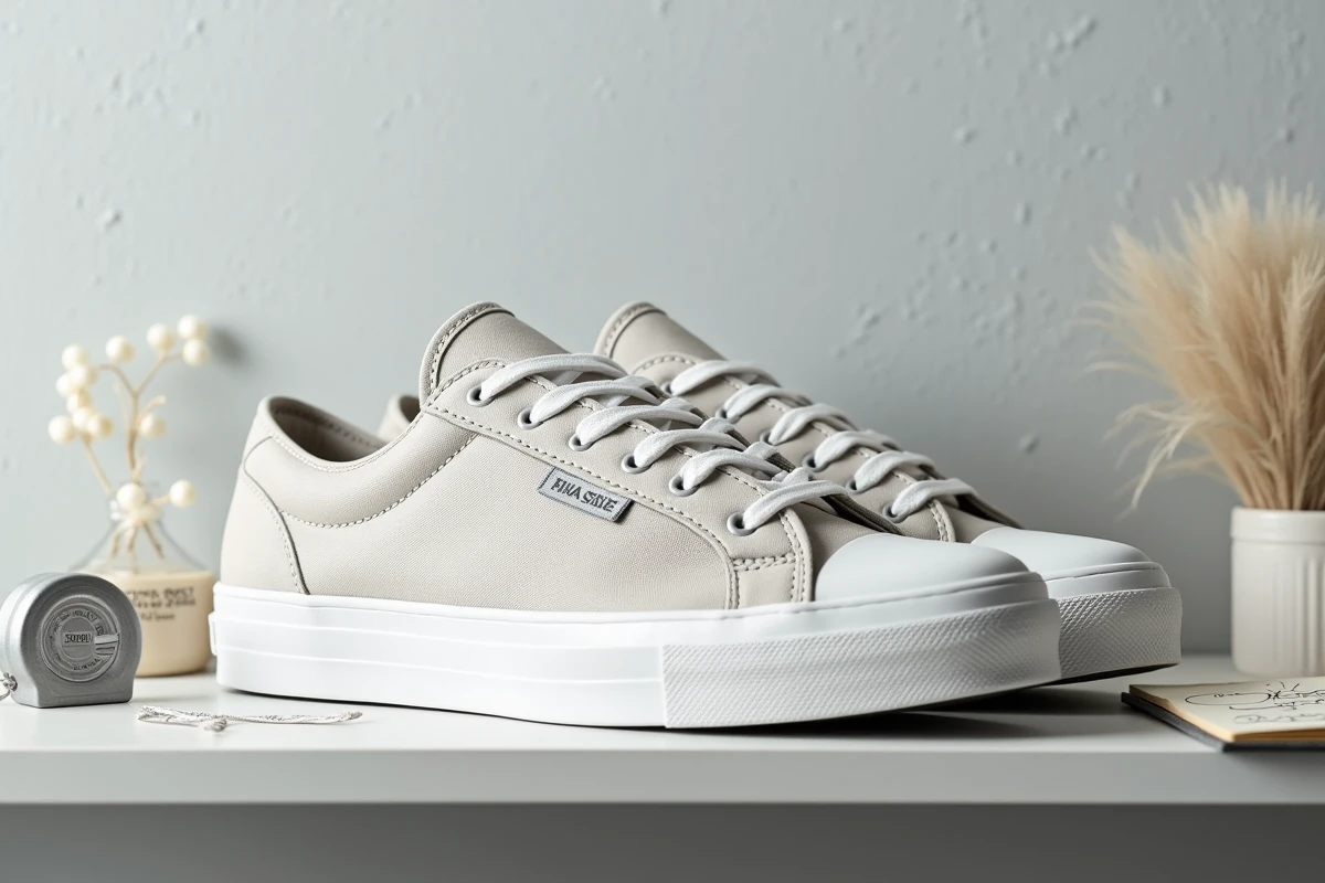 Paire de baskets grande pointure UK affichant une étiquette de taille sur une étagère minimaliste avec accessoires de mesure