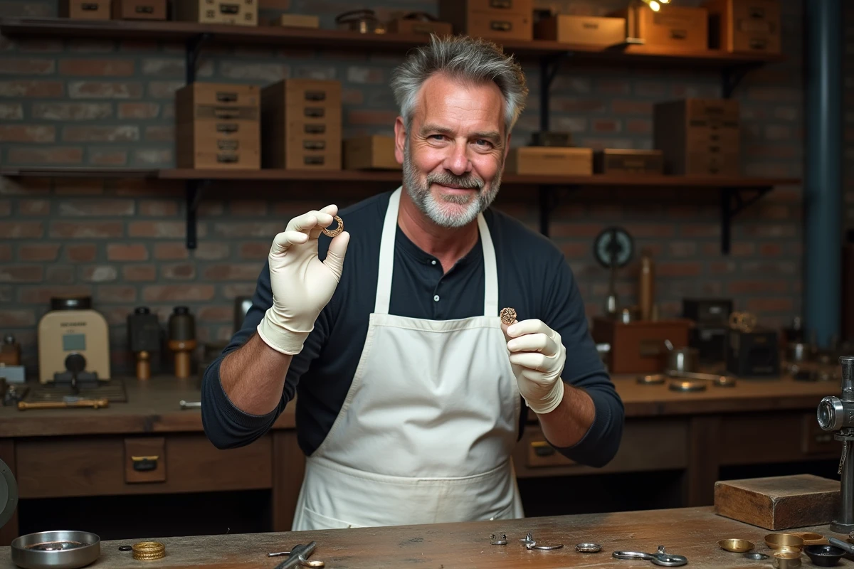 Bijoutier tenant une bague en or jaune et une bague en or blanc dans son atelier, comparant les deux métaux précieux