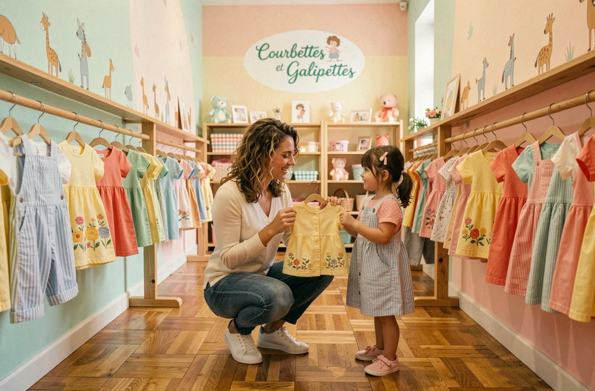 Boutique Courbettes et Galipettes à Toulouse avec une mère et sa fille regardant une veste brodée dans un espace aux murs pastel et rayons en bois colorés