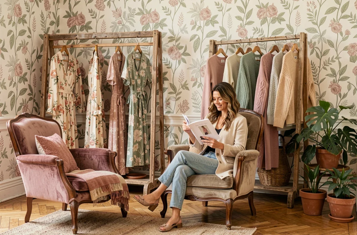 Boutique Du Côté de Chez Moi à Toulouse avec une femme feuilletant un lookbook dans un fauteuil vintage dans un intérieur chaleureux décoré comme un salon français
