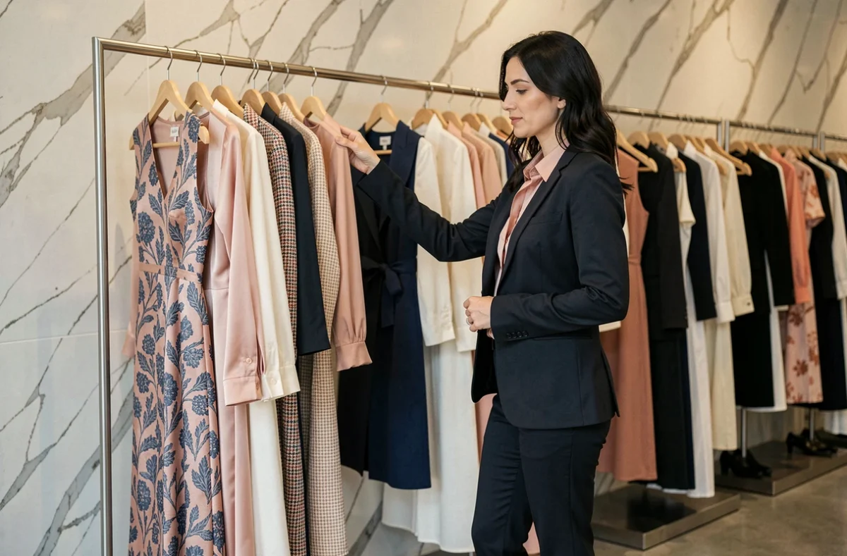 Boutique Duchess à Toulouse avec une femme élégante examinant une robe en soie sur un portant métallique dans un espace au design épuré