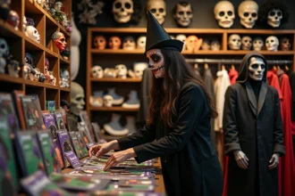 Intérieur d'une boutique spécialisée Halloween à Paris avec déguisements d'horreur et accessoires théâtraux