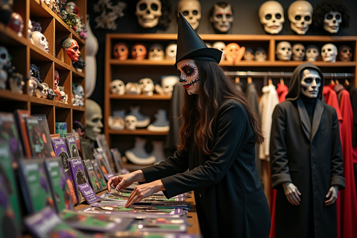 Intérieur d'une boutique spécialisée Halloween à Paris avec déguisements d'horreur et accessoires théâtraux