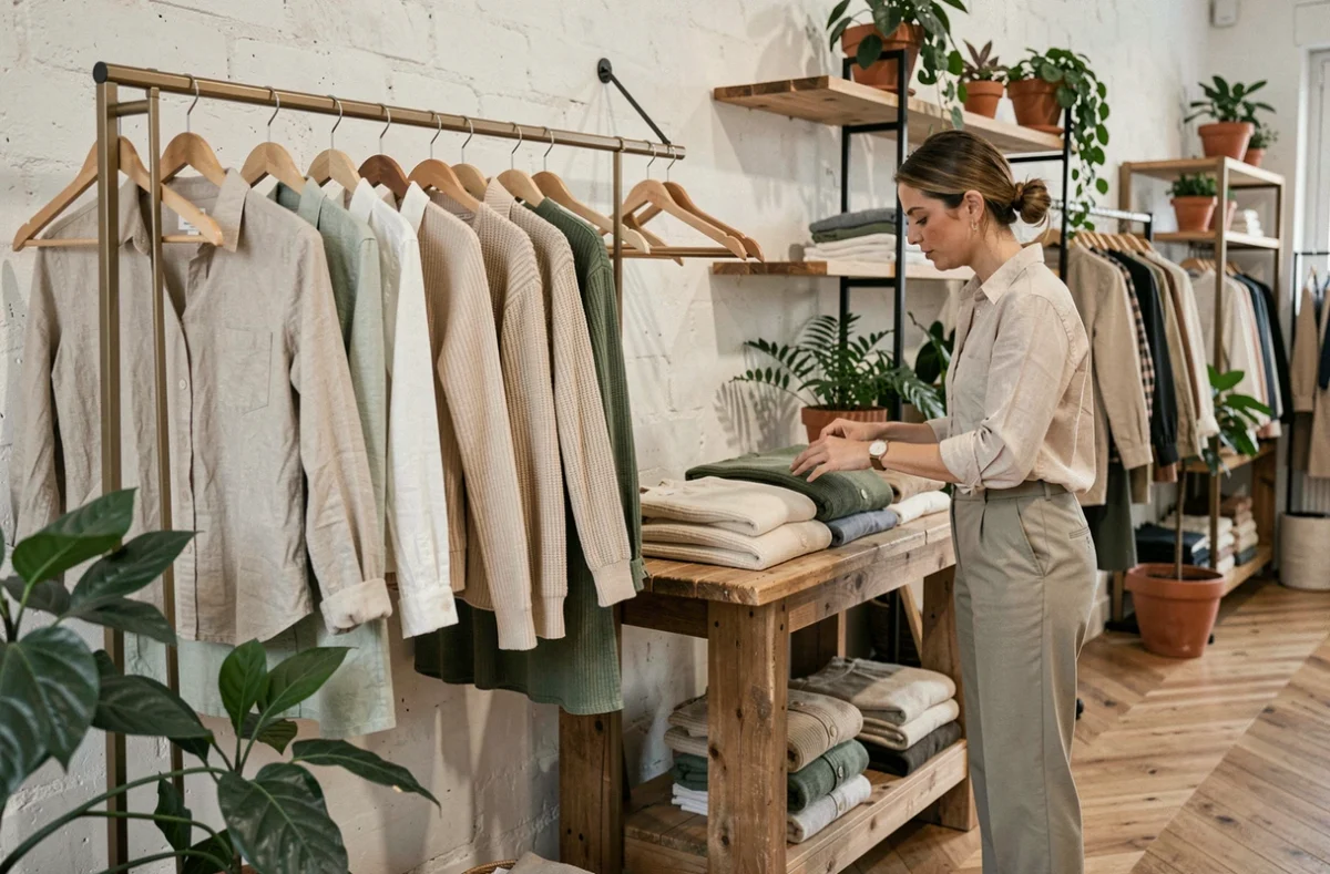Intérieur élégant de la boutique La Fille de Margaret avec des vêtements féminins soigneusement disposés sur des cintres en bois et une vendeuse arrangeant des pulls