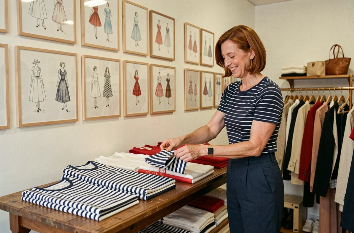 Boutique Les Traits Français à Toulouse avec des vêtements artisanaux français, une table en bois avec des marinières pliées et des croquis de mode encadrés au mur