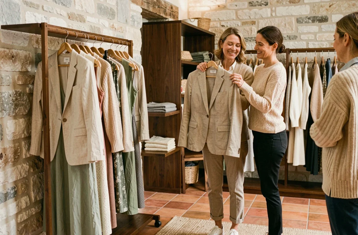 Boutique Olivox à Toulouse avec deux femmes examinant un blazer en lin dans un intérieur chaleureux aux murs en pierre blanchie et étagères en noyer