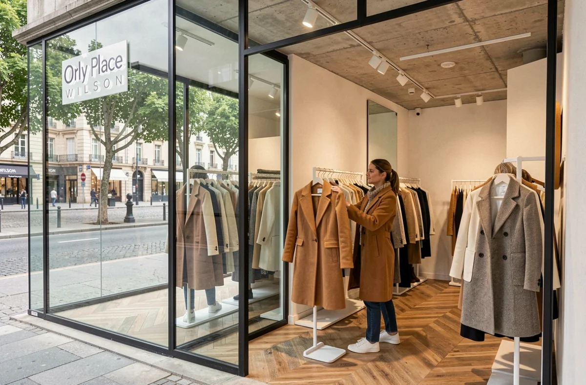 Boutique Orly Place Wilson à Toulouse avec une cliente essayant un manteau camel structuré devant un miroir dans un espace moderne aux grandes baies vitrées