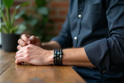 Homme portant un bracelet en pierre labradorite et obsidienne mat empilé avec un cordon en cuir, style urbain masculin tendance 2026