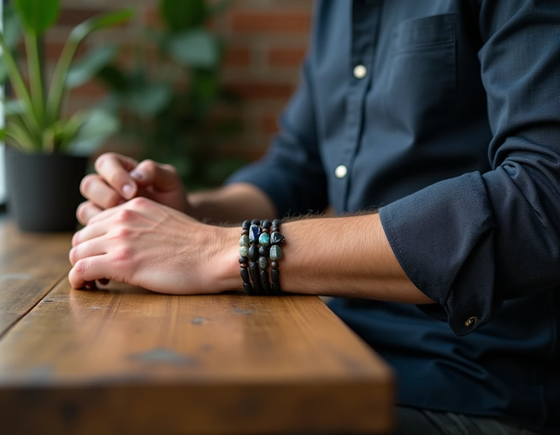 Homme portant un bracelet en pierre labradorite et obsidienne mat empilé avec un cordon en cuir, style urbain masculin tendance 2026