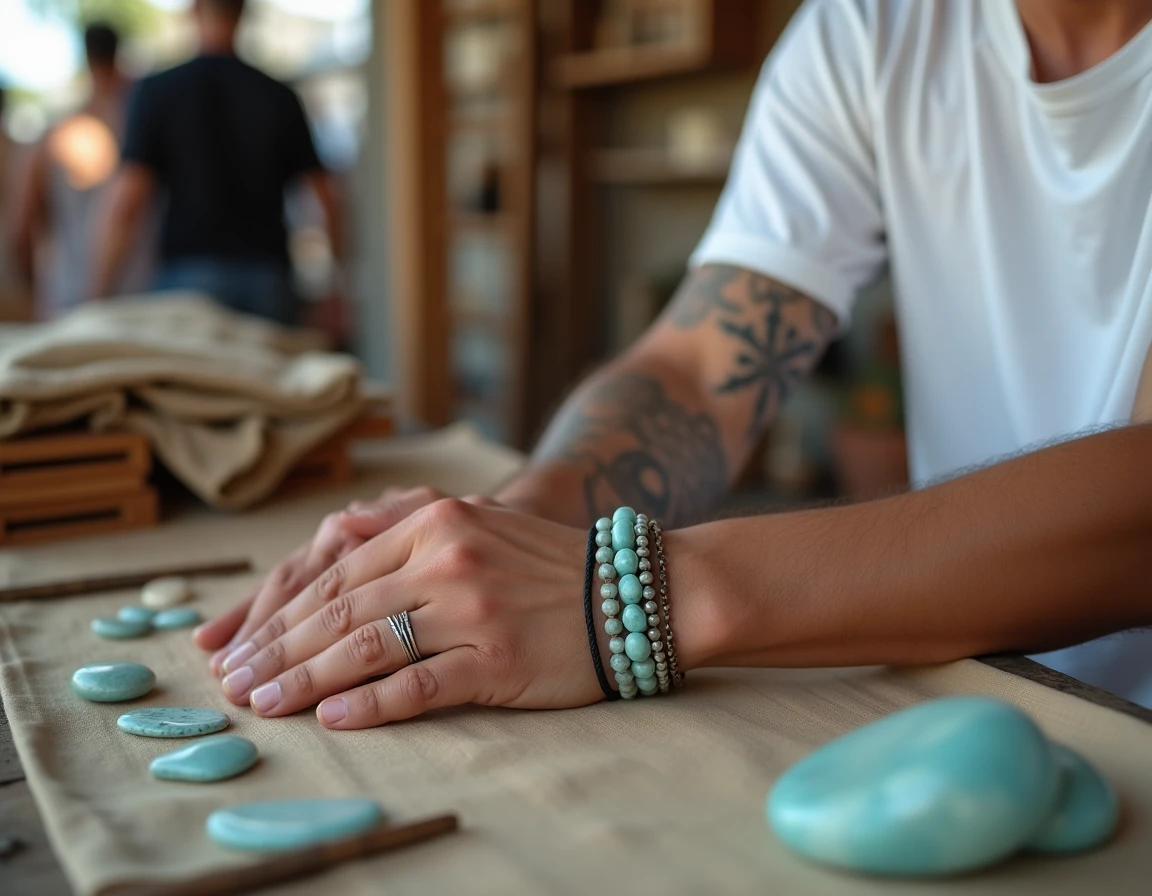 Jeune homme avec stack de bracelets en pierre howlite turquoise et cordons sur fond de marché artisanal, mode masculine 2026