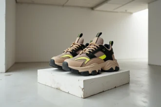 Chaussure Balenciaga chunky oversize exposée sur un socle blanc dans une galerie d'art contemporain
