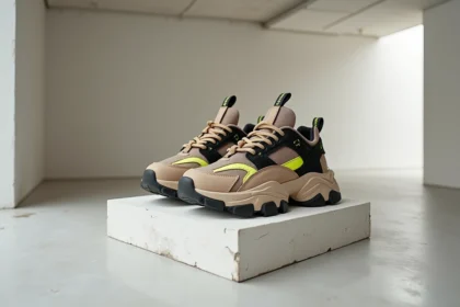 Chaussure Balenciaga chunky oversize exposée sur un socle blanc dans une galerie d'art contemporain