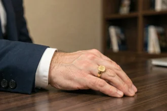 Homme portant une chevalière en or jaune sur l'auriculaire, posée sur un bureau en bois sombre dans un bureau élégant