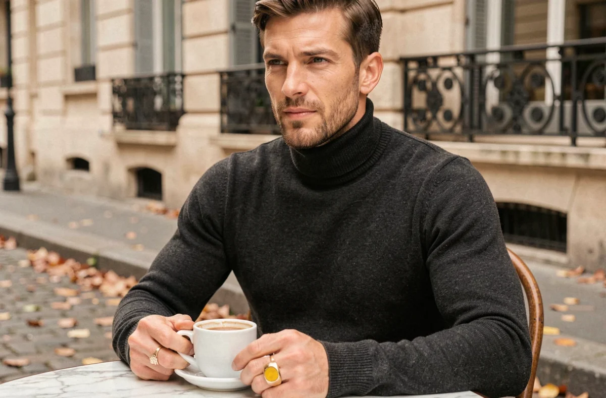 Homme portant une chevalière en or à une terrasse de café parisienne en automne avec un espresso