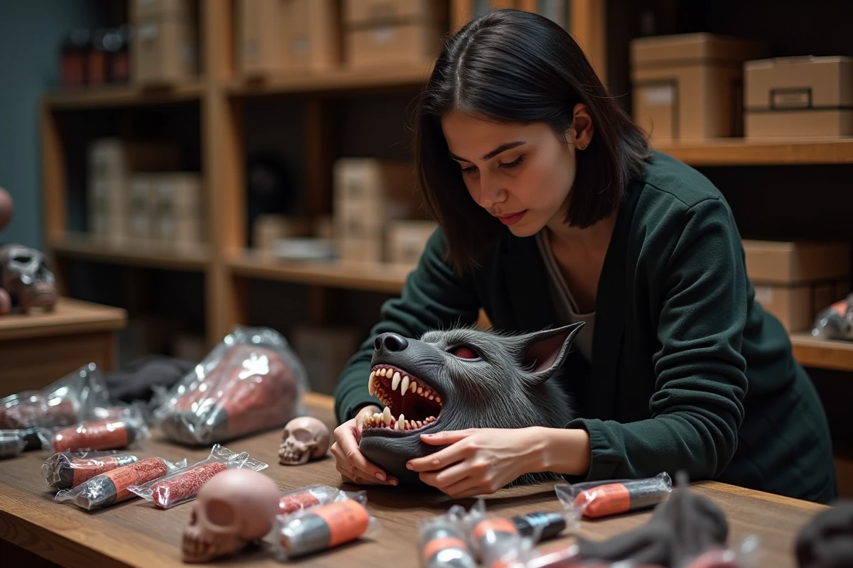 Cliente inspectant un masque de loup-garou réaliste dans une boutique Halloween parisienne avec accessoires de maquillage professionnel