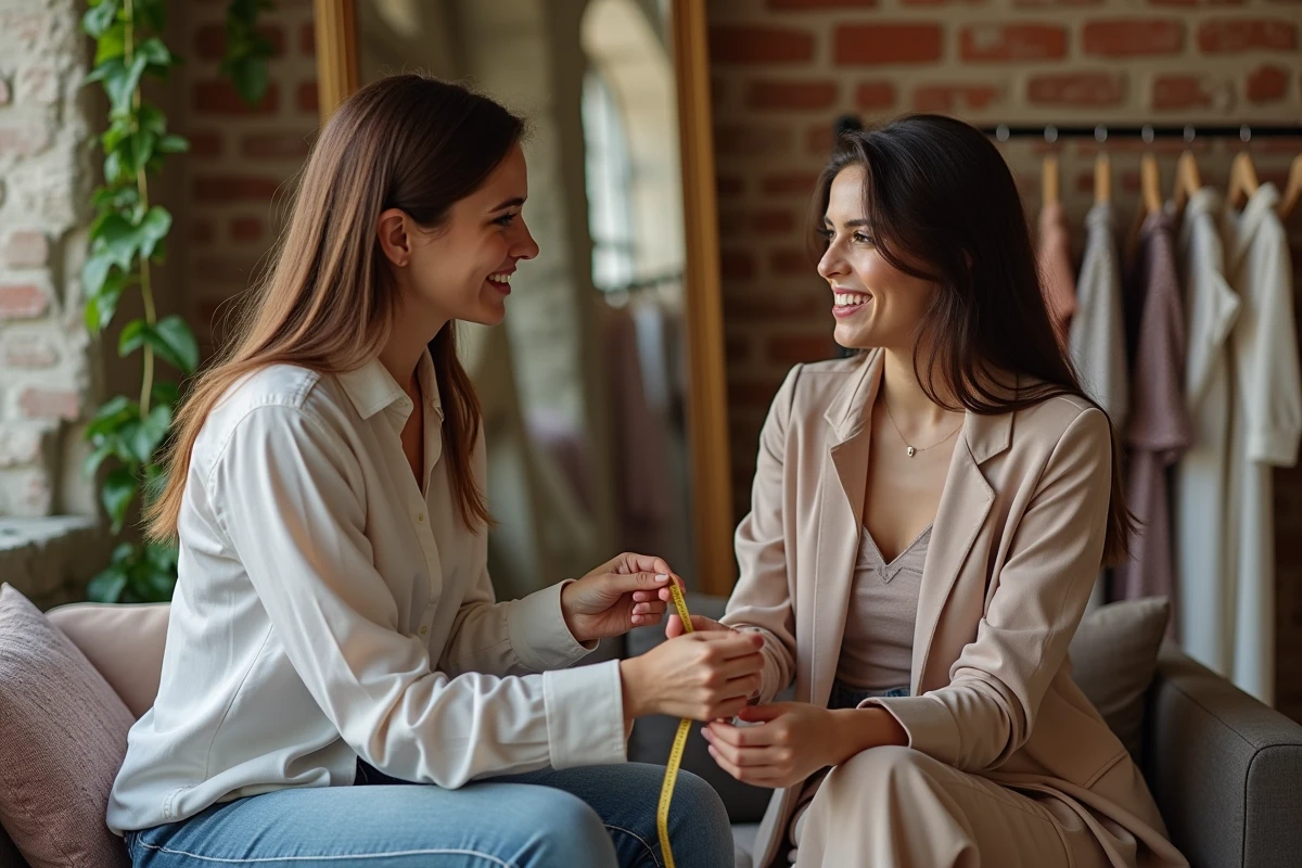 Jeune femme en boutique recevant ses mesures par la couturiere
