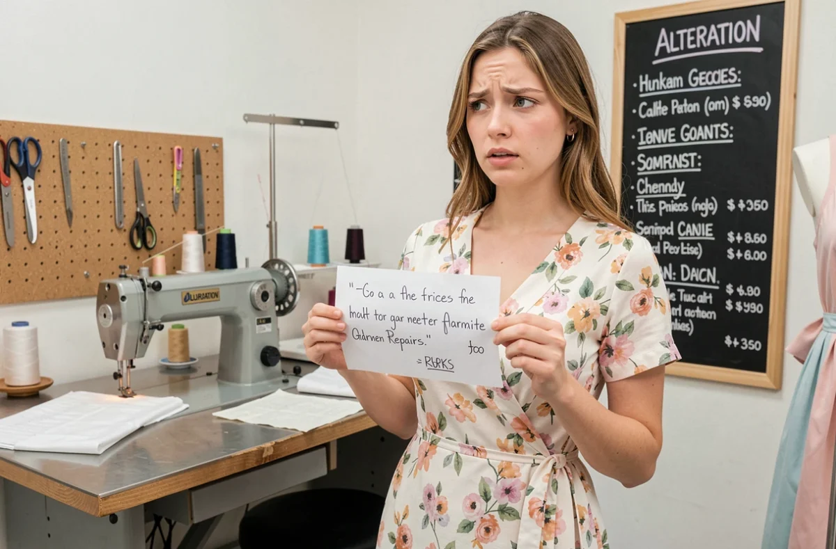 Cliente tenant un devis de retouches vestimentaires dans une boutique de couture avec tableau des tarifs visible en arrière-plan