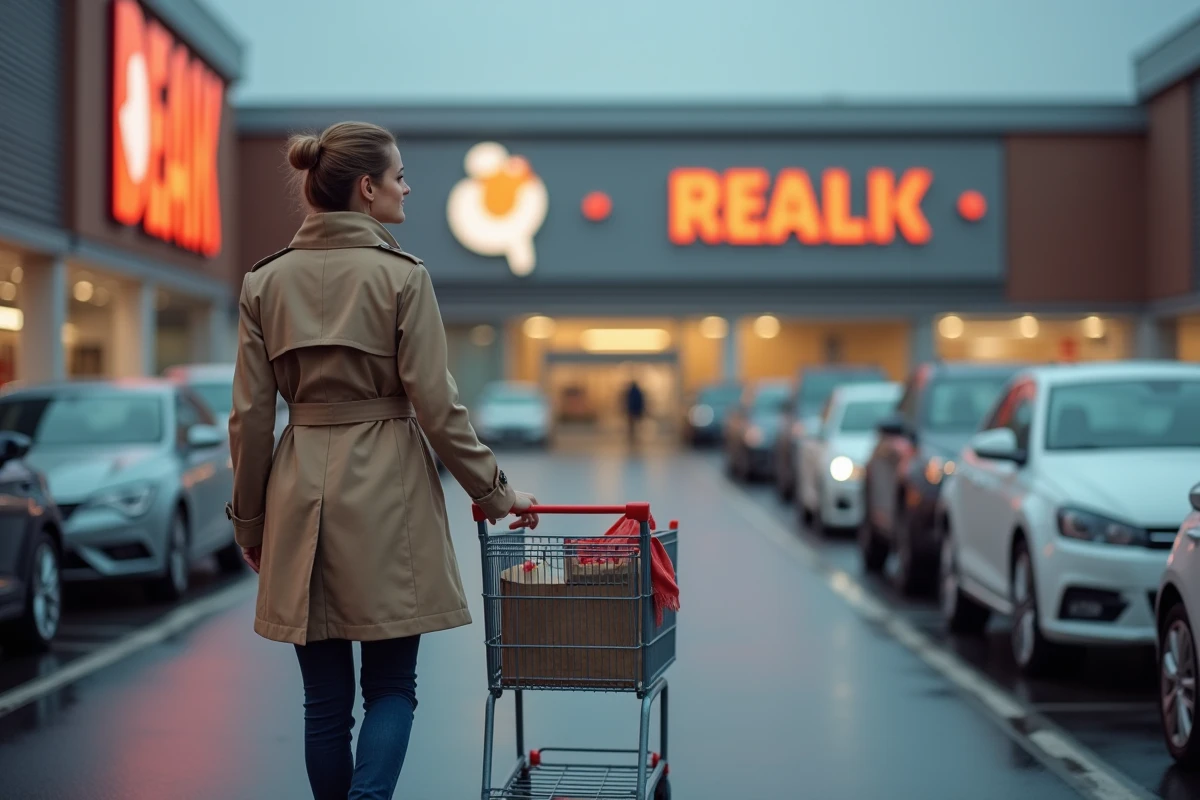 Femme faisant ses courses dans une zone commerciale française avec de nouveaux magasins ouverts