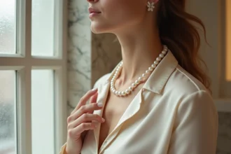 Femme élégante portant un collier de perles blanches en soie crème dans un intérieur raffiné