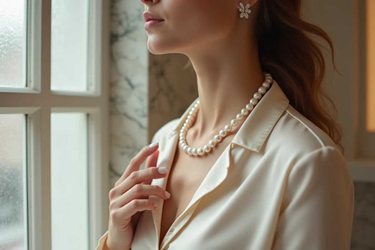 Femme élégante portant un collier de perles blanches en soie crème dans un intérieur raffiné
