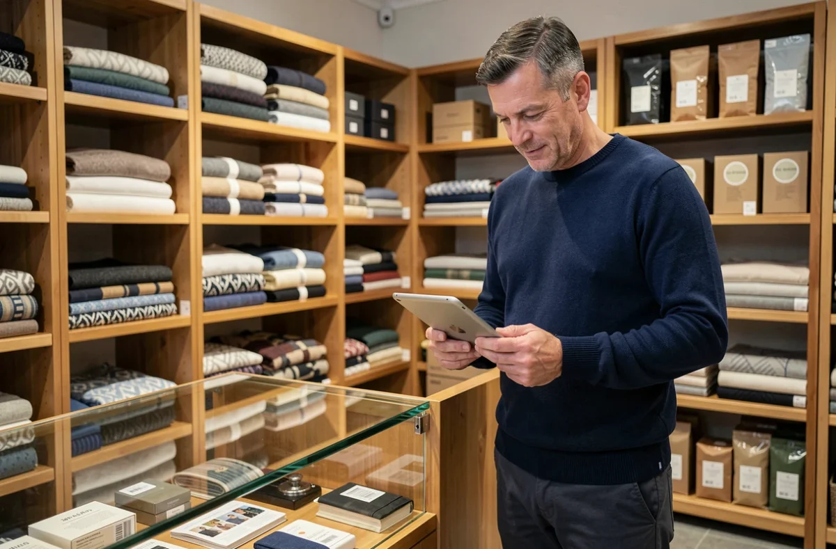 Commerçant indépendant analysant son stock de produits dans une boutique physique en 2026