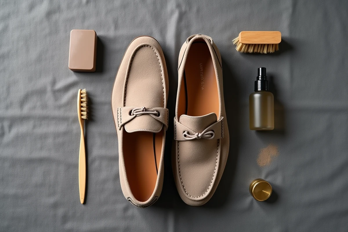 Comparaison avant après nettoyage chaussure daim taupe avec accessoires d'entretien en flat lay