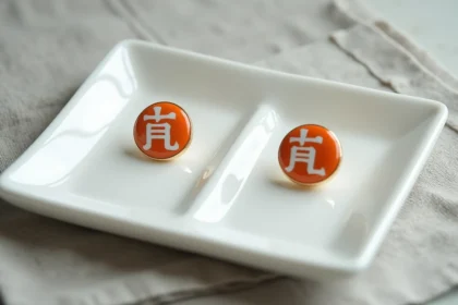 Comparaison entre une vraie boucle d'oreille Dragon Ball et une contrefaçon posées sur un plateau en céramique blanche avec une grille d'identification