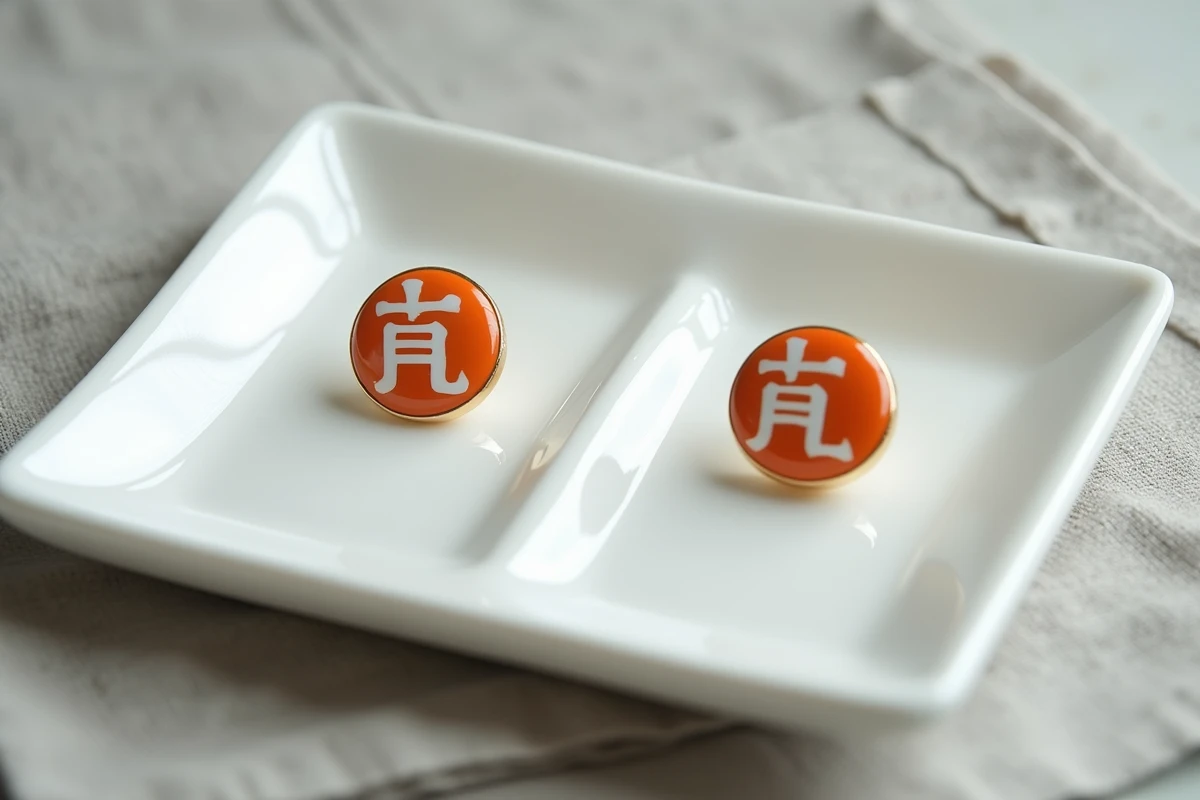 Comparaison entre une vraie boucle d'oreille Dragon Ball et une contrefaçon posées sur un plateau en céramique blanche avec une grille d'identification