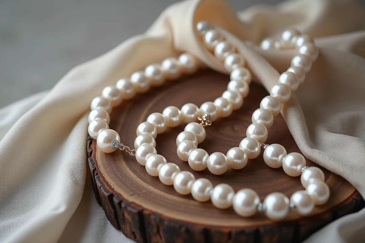 Comparaison entre perles de culture et perles d'eau douce sur tissu de soie naturelle