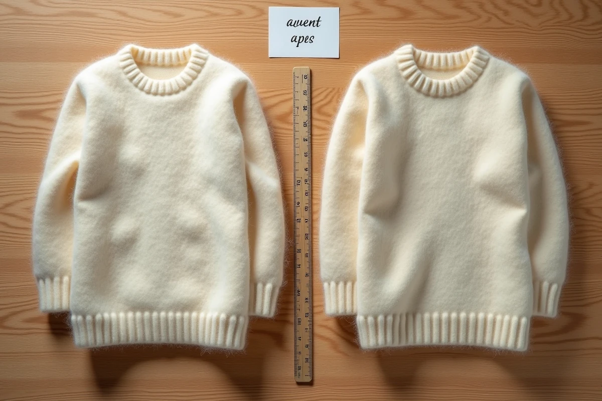 Comparaison côte à côte d'un pull en laine normal et d'un pull rétréci et feutré sur une table en bois