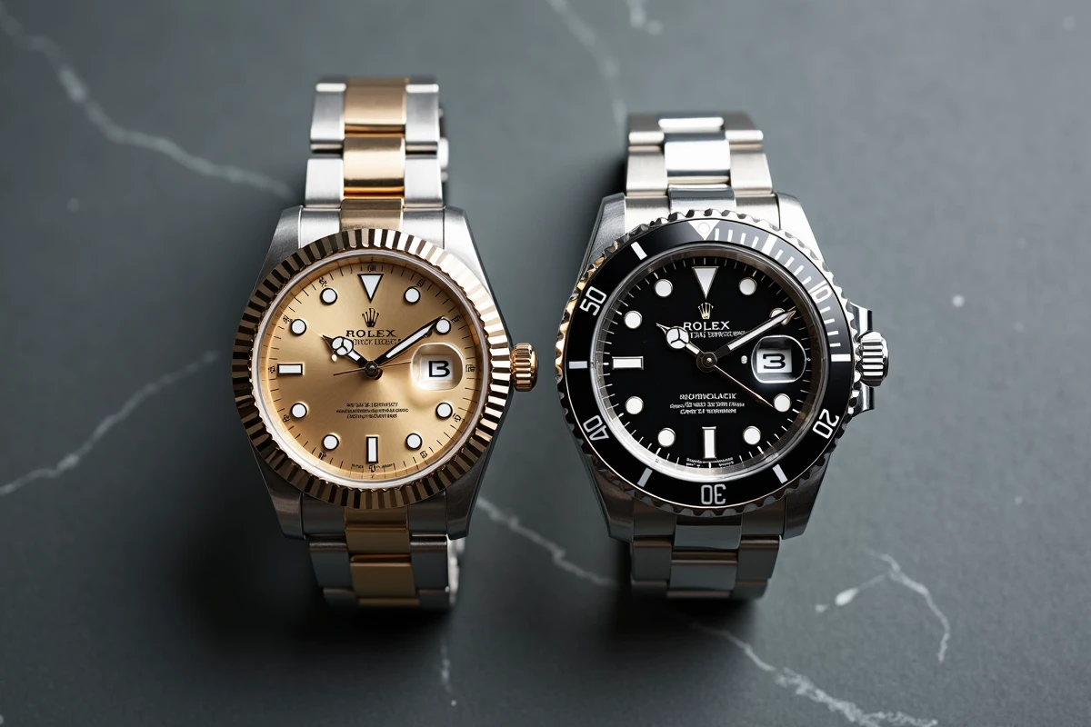 Comparaison côte à côte d'une Rolex Datejust cadran champagne et d'une Rolex Submariner cadran noir posées sur une surface en ardoise grise, vue de dessus