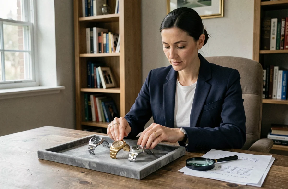 Femme comparant deux montres Rolex Day-Date d'occasion sur un plateau en velours gris