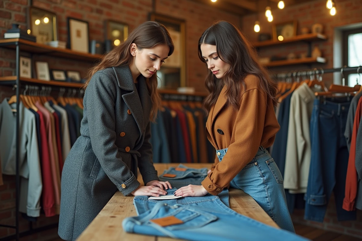 Deux femmes comparant des vêtements vintage authentiques dans une boutique de seconde main