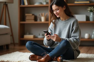 Femme comparant une pointure UK sur son téléphone avec des chaussures en cuir dans les mains, assise dans un salon
