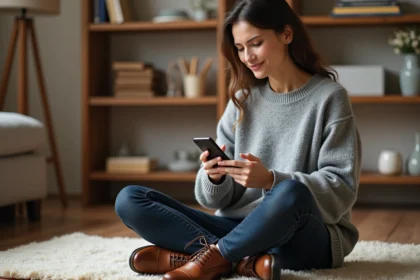Femme comparant une pointure UK sur son téléphone avec des chaussures en cuir dans les mains, assise dans un salon