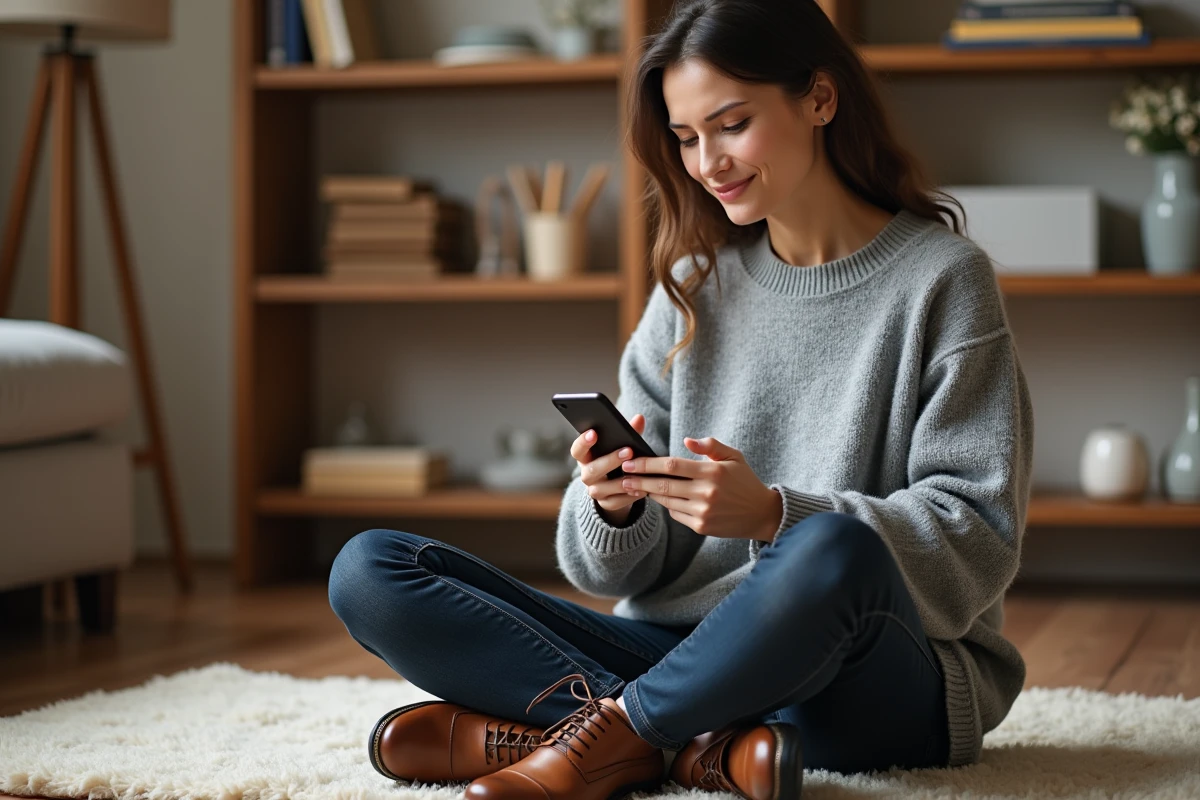 Femme comparant une pointure UK sur son téléphone avec des chaussures en cuir dans les mains, assise dans un salon