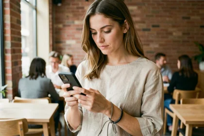 Jeune femme utilisant un téléphone avec une coque à cordon autour du poignet dans un café moderne