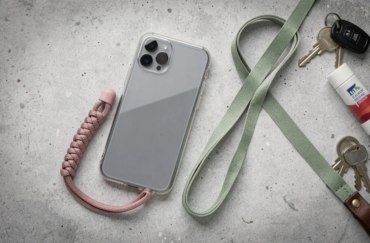 Pose à plat d'une coque de téléphone transparente avec cordon tressé en rose poudré sur fond en béton
