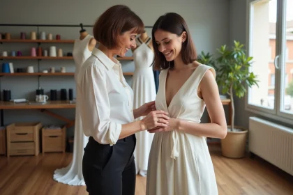 Modiste femme ajustant une robe de soirée dans un atelier à Nice